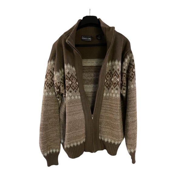 Vintage Men Private Club  Sweater Full Zip Awesome Pattern Brown Size : Medium - Picture 4 of 10